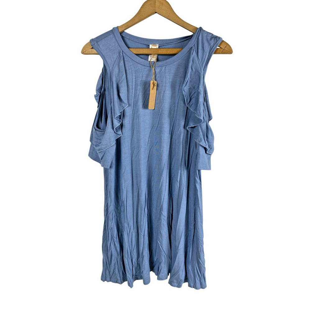 Blue Knit Tunic Top Cold Shoulder Jardin by Macris Stretch Coastal Beachy NEW L